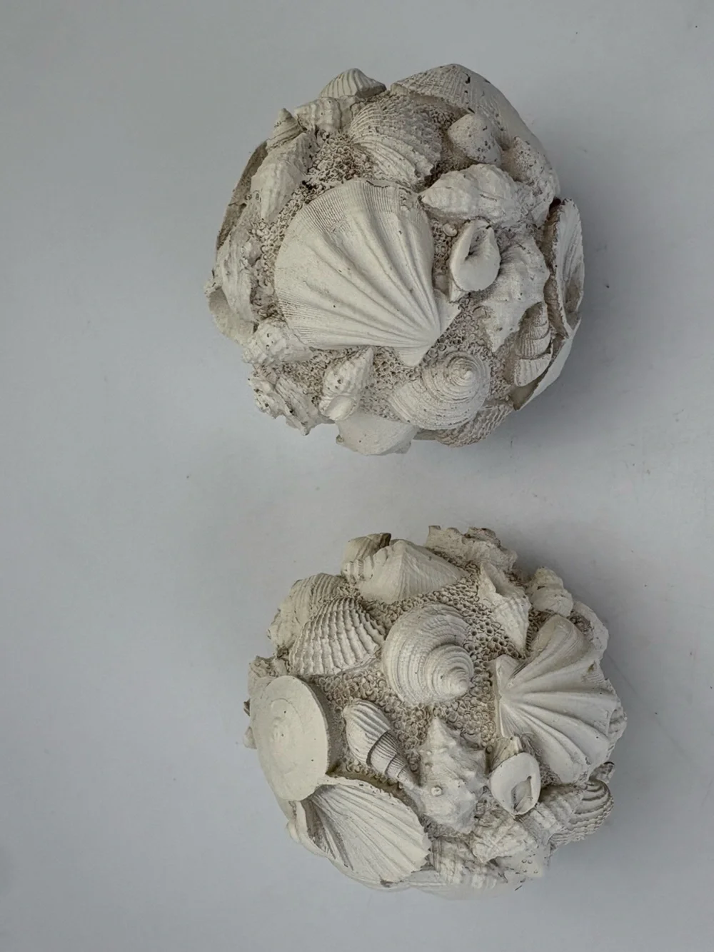 Cream Resin “Seashell” Decorative Spheres - Coastal Home Art Pair